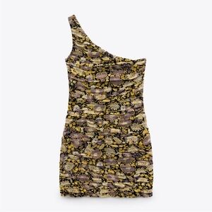 Zara Ruched Floral One Shoulder Mini Dress